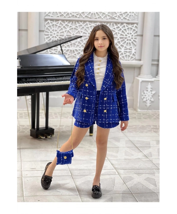 KIZ ÇOCUK MAVİ TÜVİT TAKIM-BAYRAMLIK (CEKET-ŞORT-BLUZ-ÇANTA)