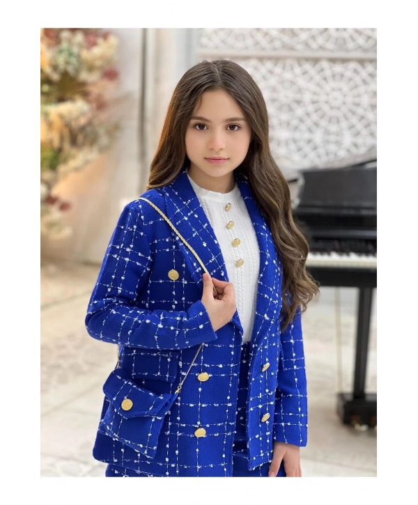 KIZ ÇOCUK MAVİ TÜVİT TAKIM-BAYRAMLIK (CEKET-ŞORT-BLUZ-ÇANTA)