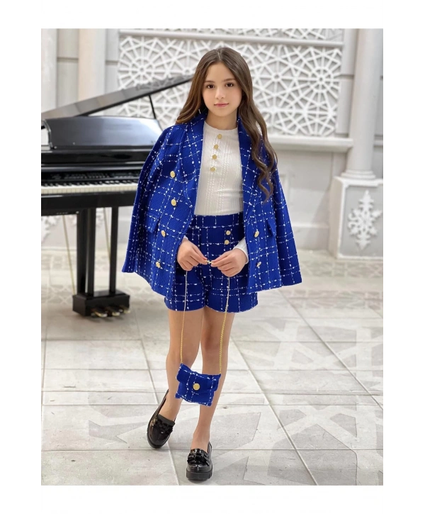 KIZ ÇOCUK MAVİ TÜVİT TAKIM-BAYRAMLIK (CEKET-ŞORT-BLUZ-ÇANTA)