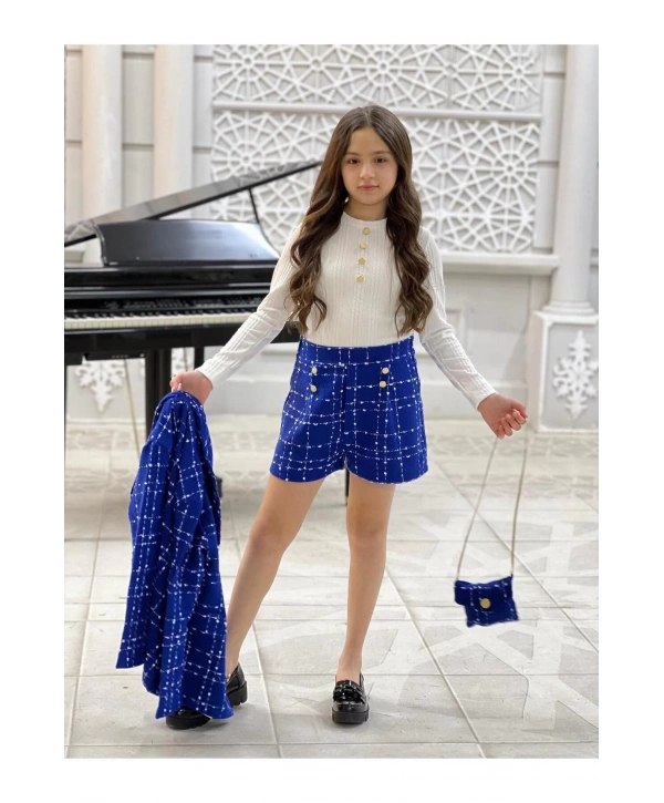 KIZ ÇOCUK MAVİ TÜVİT TAKIM-BAYRAMLIK (CEKET-ŞORT-BLUZ-ÇANTA)