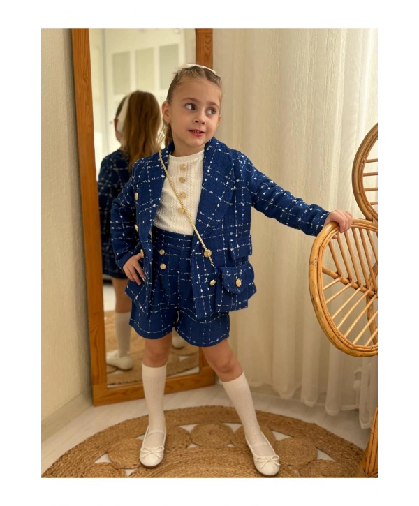 KIZ ÇOCUK MAVİ TÜVİT TAKIM-BAYRAMLIK (CEKET-ŞORT-BLUZ-ÇANTA)