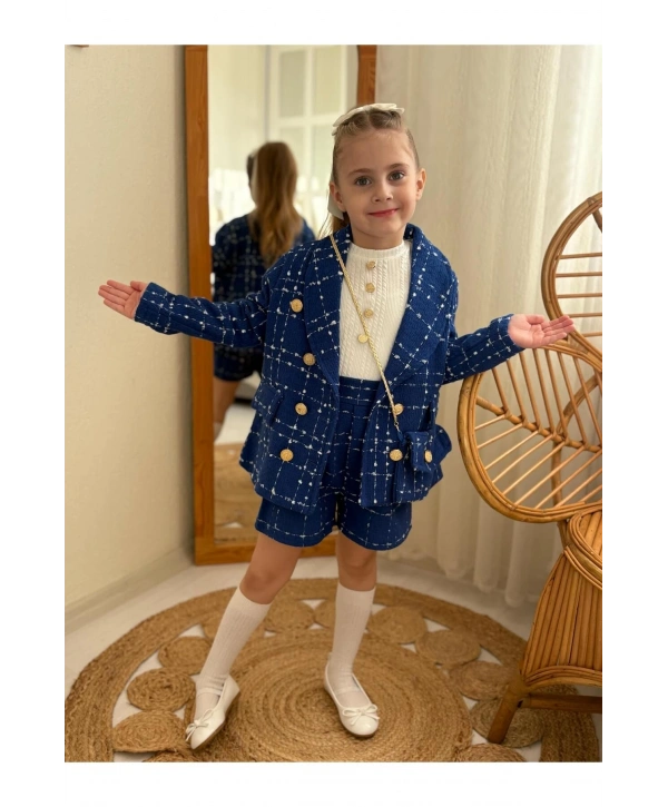 KIZ ÇOCUK MAVİ TÜVİT TAKIM-BAYRAMLIK (CEKET-ŞORT-BLUZ-ÇANTA)