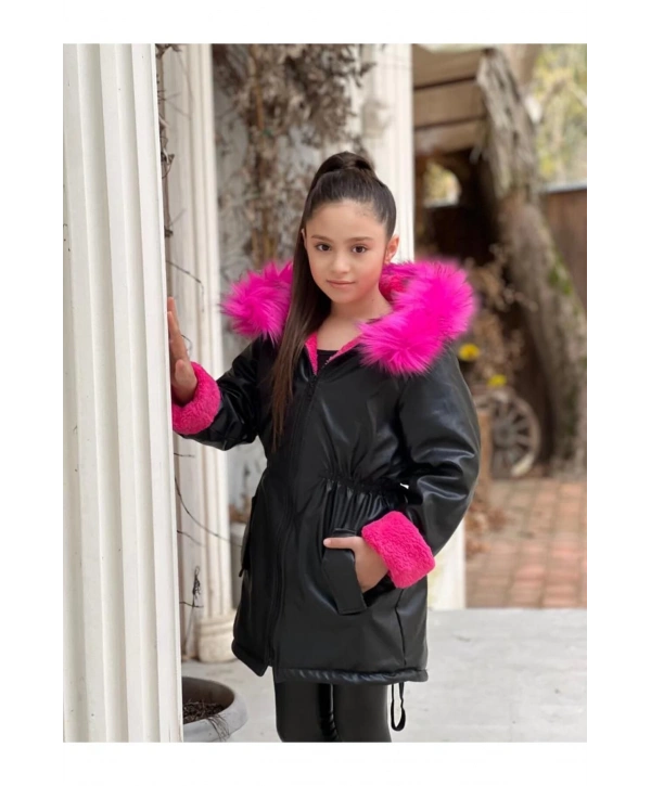 Kız Çocuk Fuşya Welsoftlu Kürk Kapüşonlu Siyah Deri Mont-kaban