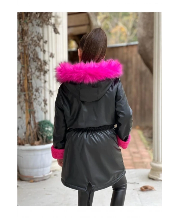 Kız Çocuk Fuşya Welsoftlu Kürk Kapüşonlu Siyah Deri Mont-kaban