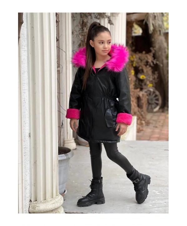 Kız Çocuk Fuşya Welsoftlu Kürk Kapüşonlu Siyah Deri Mont-kaban