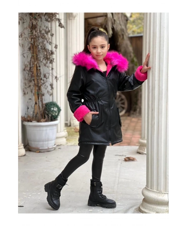 Kız Çocuk Fuşya Welsoftlu Kürk Kapüşonlu Siyah Deri Mont-kaban