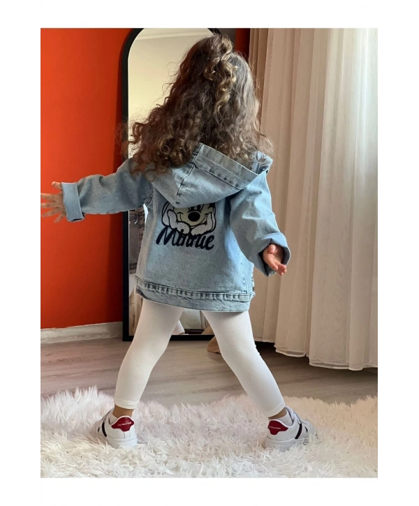 Kız Çocuk Kapüşonlu Nakışlı Mevsimlik Kot Ceket-kot Mont