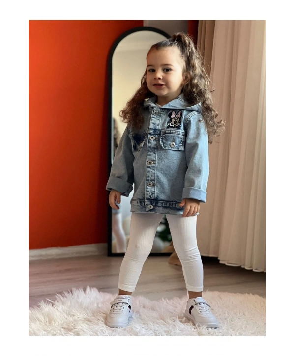 Kız Çocuk Kapüşonlu Nakışlı Mevsimlik Kot Ceket-kot Mont