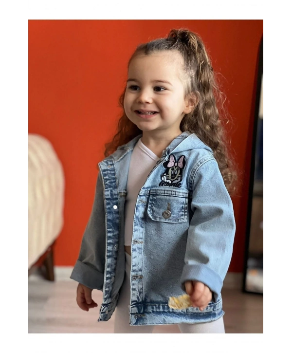 Kız Çocuk Kapüşonlu Nakışlı Mevsimlik Kot Ceket-kot Mont