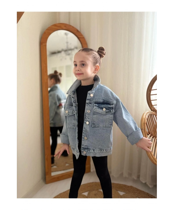 Kız Çocuk Nakış Ve Taş Işlemeli Kot Ceket-jeans Ceket/kot Mont-jeans Mont