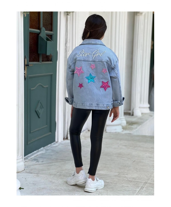 Kız Çocuk Yıldız Pul Payet Işlemeli Kot Ceket-jeans Ceket/kot Mont-jeans Mont