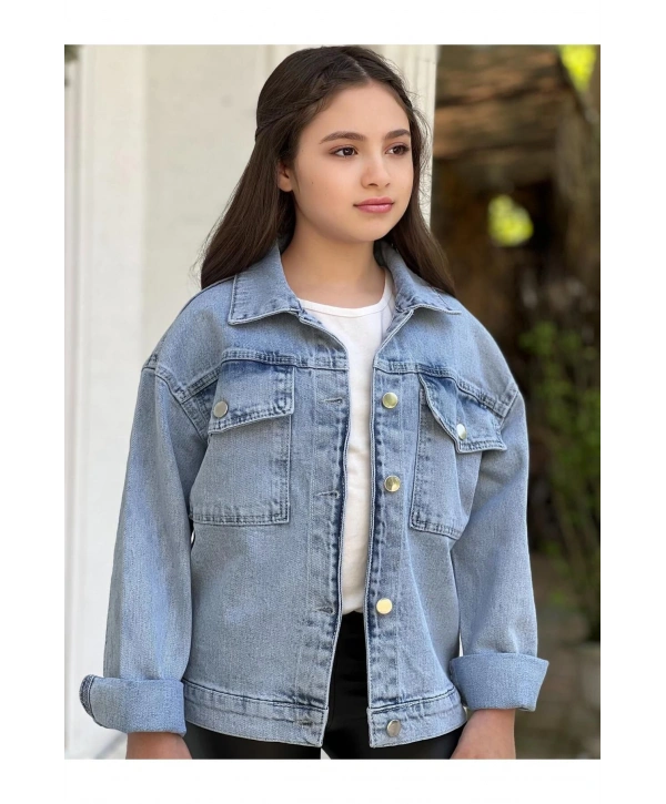 Kız Çocuk Yıldız Pul Payet Işlemeli Kot Ceket-jeans Ceket/kot Mont-jeans Mont