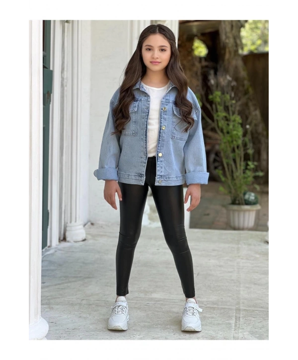 Kız Çocuk Yıldız Pul Payet Işlemeli Kot Ceket-jeans Ceket/kot Mont-jeans Mont