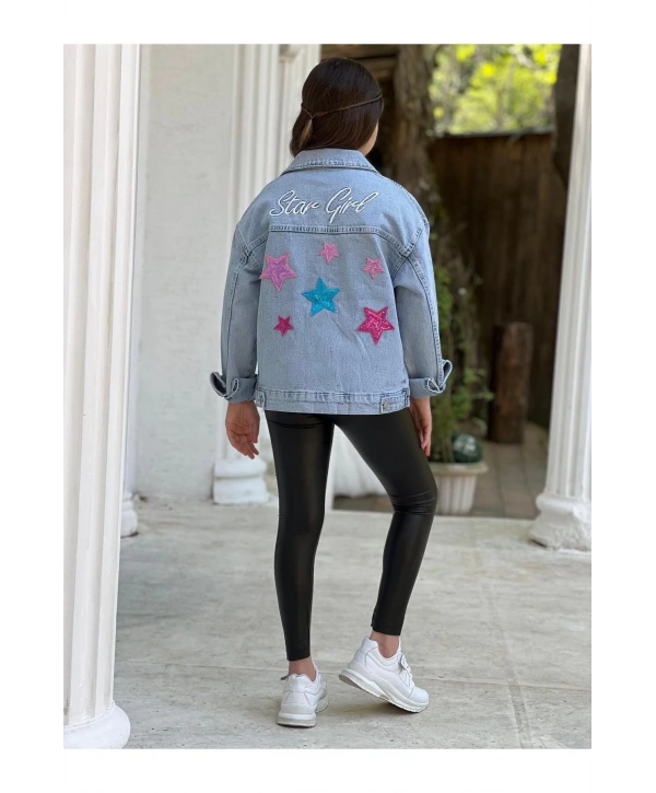 Kız Çocuk Yıldız Pul Payet Işlemeli Kot Ceket-jeans Ceket/kot Mont-jeans Mont