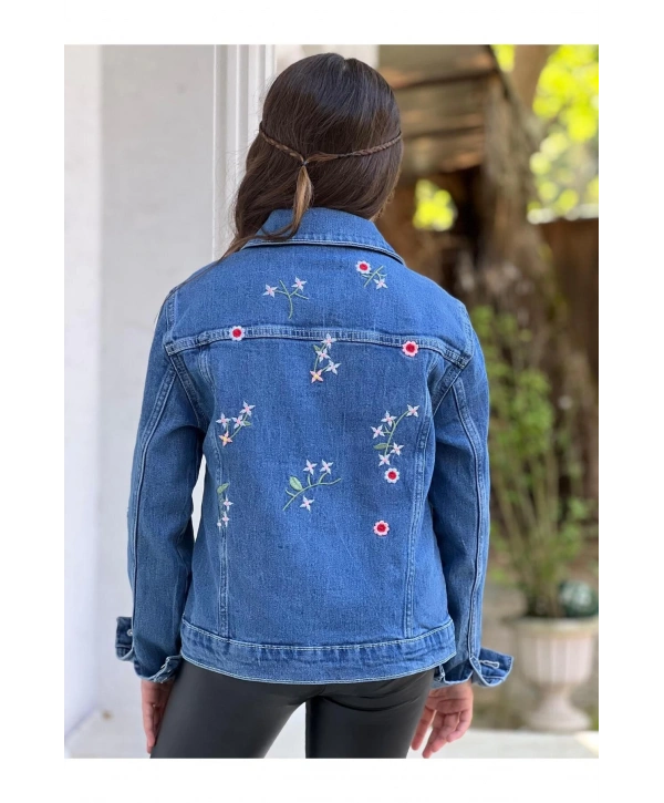 Kız Çocuk Çiçek Nakışlı Kot Ceket-jeans Ceket/kot Mont-jeans Mont