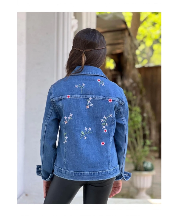 Kız Çocuk Çiçek Nakışlı Kot Ceket-jeans Ceket/kot Mont-jeans Mont
