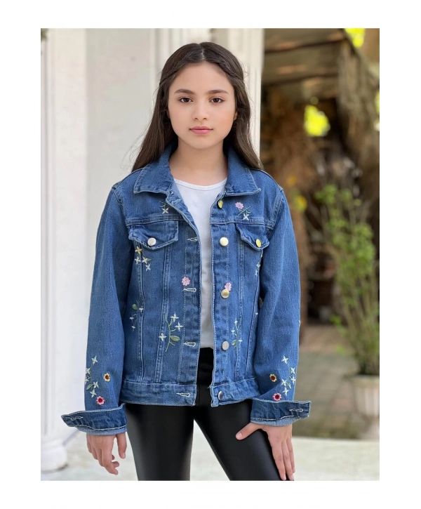 Kız Çocuk Çiçek Nakışlı Kot Ceket-jeans Ceket/kot Mont-jeans Mont