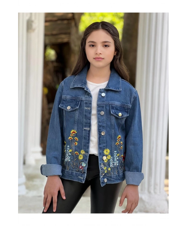 Kız Çocuk Çiçek Nakışlı Kot Ceket-jeans Ceket/kot Mont-jeans Mont