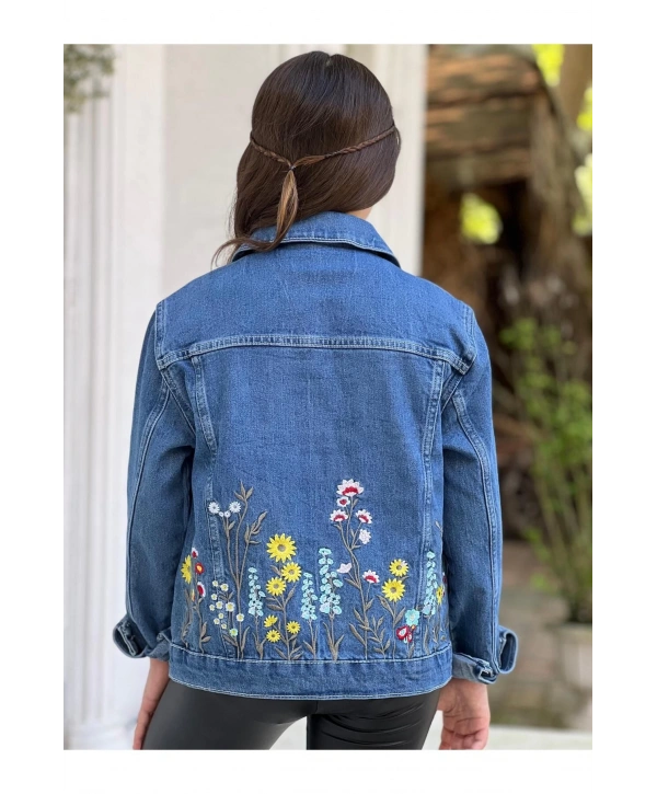 Kız Çocuk Çiçek Nakışlı Kot Ceket-jeans Ceket/kot Mont-jeans Mont