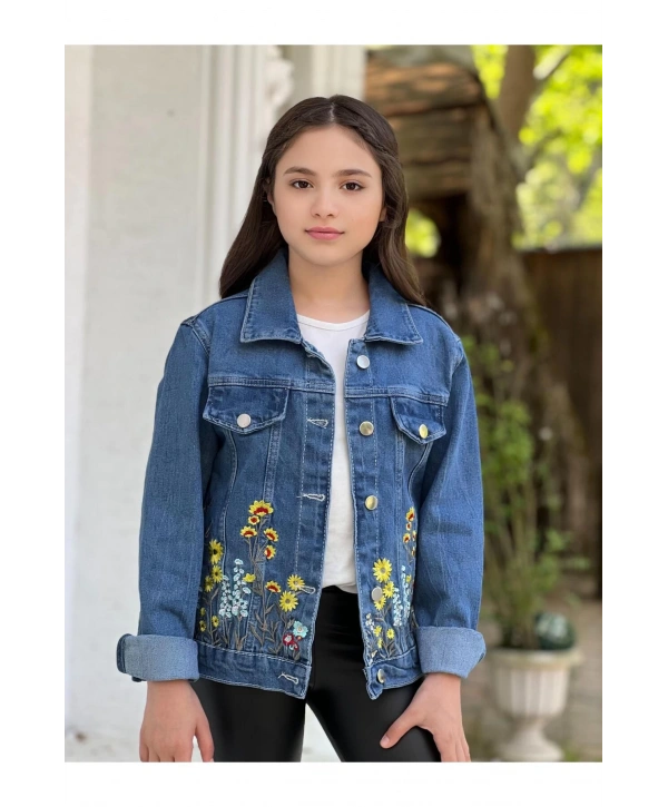 Kız Çocuk Çiçek Nakışlı Kot Ceket-jeans Ceket/kot Mont-jeans Mont
