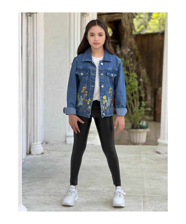 Kız Çocuk Çiçek Nakışlı Kot Ceket-jeans Ceket/kot Mont-jeans Mont