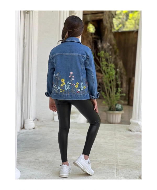 Kız Çocuk Çiçek Nakışlı Kot Ceket-jeans Ceket/kot Mont-jeans Mont