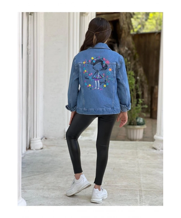 Kız Çocuk Çiçek Nakışlı Kot Ceket-jeans Ceket/kot Mont-jeans Mont