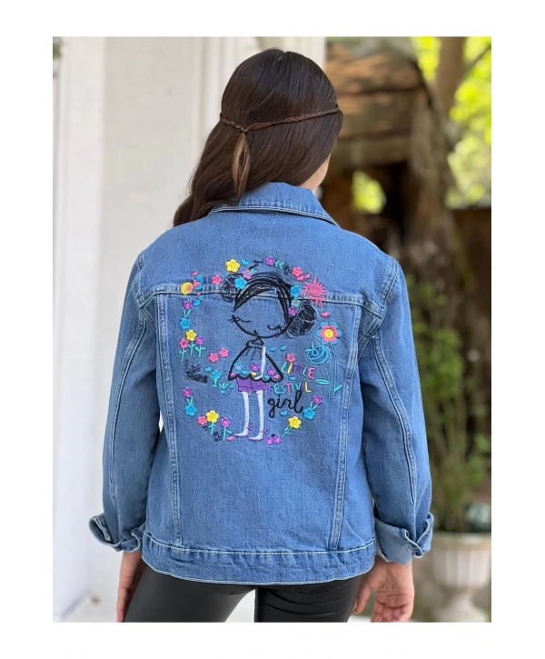 Kız Çocuk Çiçek Nakışlı Kot Ceket-jeans Ceket/kot Mont-jeans Mont