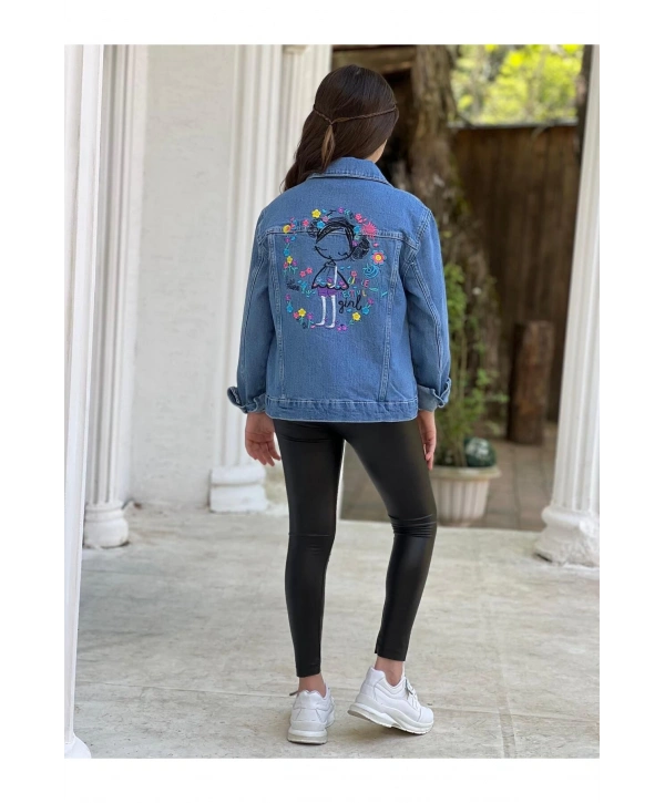 Kız Çocuk Çiçek Nakışlı Kot Ceket-jeans Ceket/kot Mont-jeans Mont