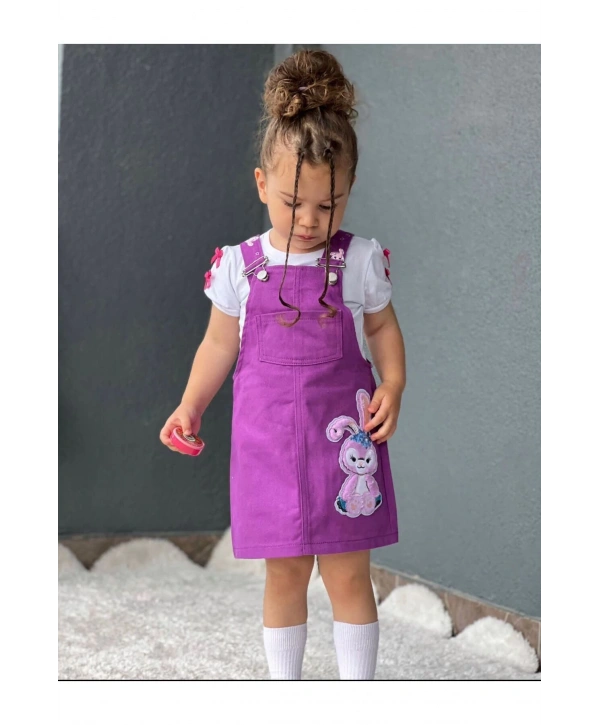 Kız Çocuk Mor Jile Elbise Ve Beyaz T-shirt Takım-23 Nisan-bayramlık