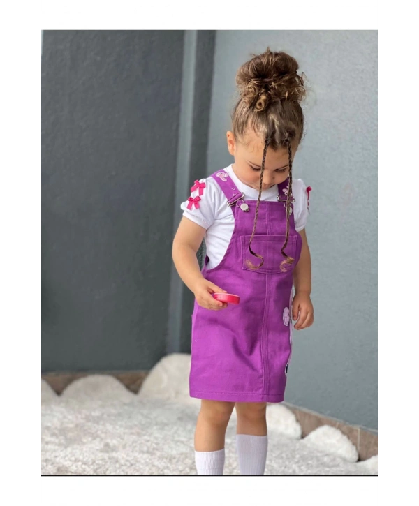 Kız Çocuk Mor Jile Elbise Ve Beyaz T-shirt Takım-23 Nisan-bayramlık