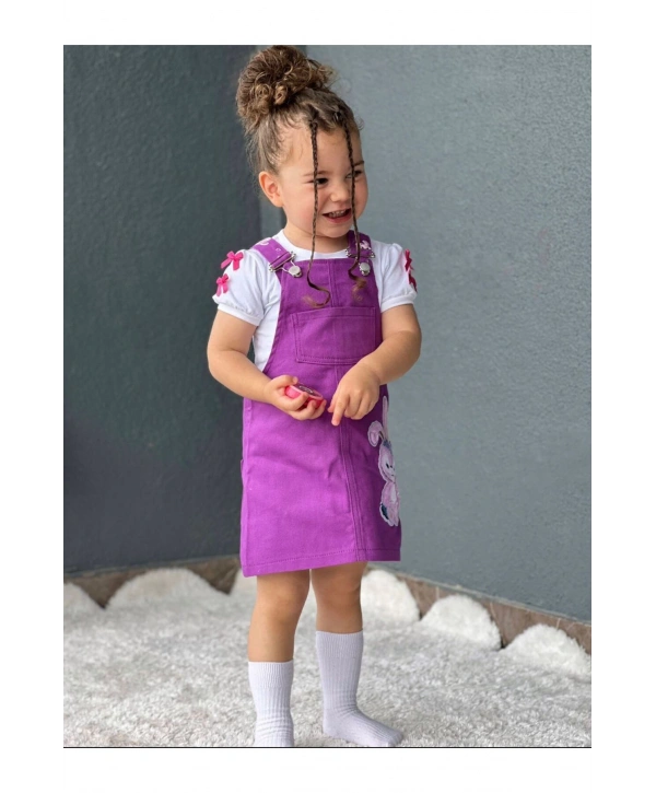 Kız Çocuk Mor Jile Elbise Ve Beyaz T-shirt Takım-23 Nisan-bayramlık