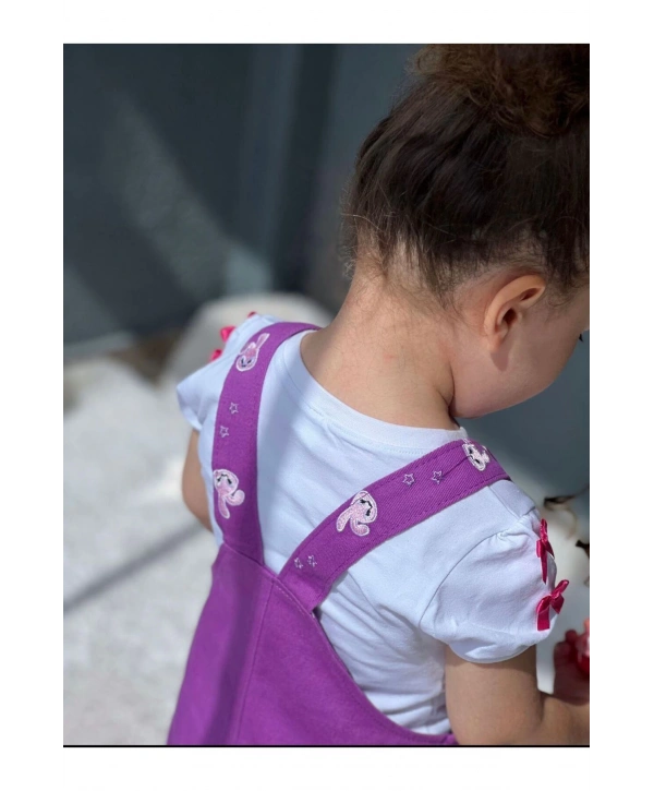 Kız Çocuk Mor Jile Elbise Ve Beyaz T-shirt Takım-23 Nisan-bayramlık