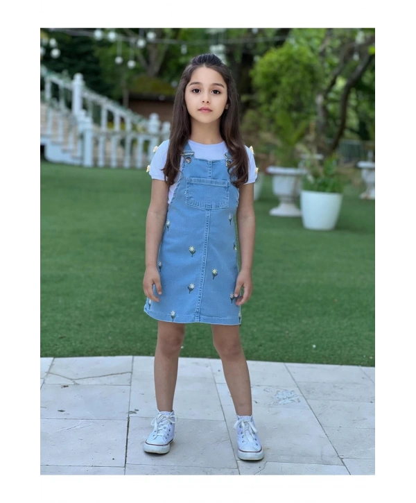 Kız Çocuk Çiçek Nakışlı Kot Jile Elbise Ve Beyaz T-Shirt Takım