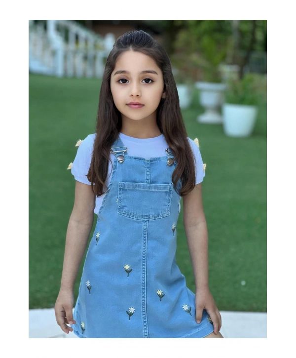 Kız Çocuk Çiçek Nakışlı Kot Jile Elbise Ve Beyaz T-Shirt Takım