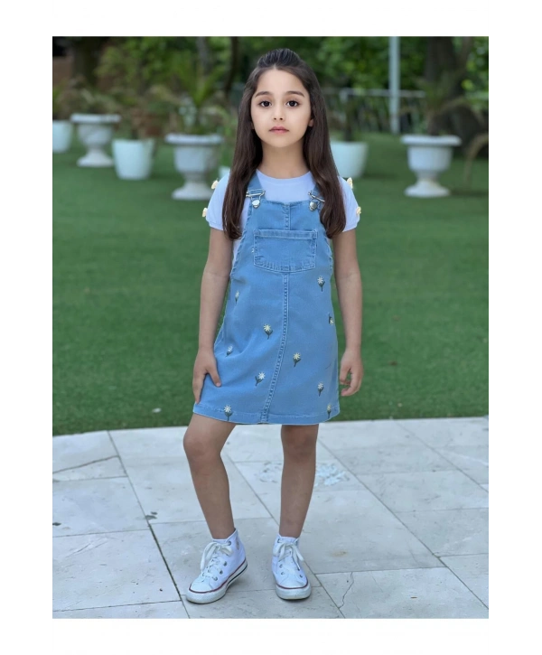 Kız Çocuk Çiçek Nakışlı Kot Jile Elbise Ve Beyaz T-Shirt Takım