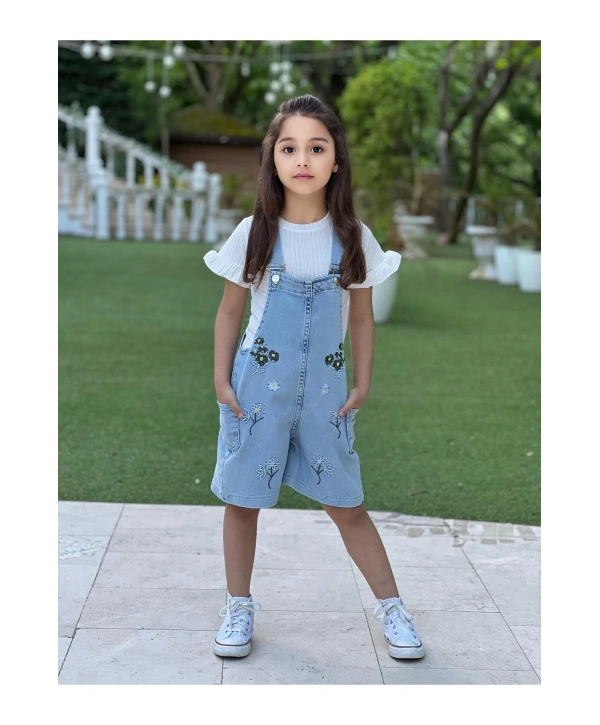 Kız Çocuk Çiçek Nakışlı Kot Salopet Ve Ekru T-Shirt Takım