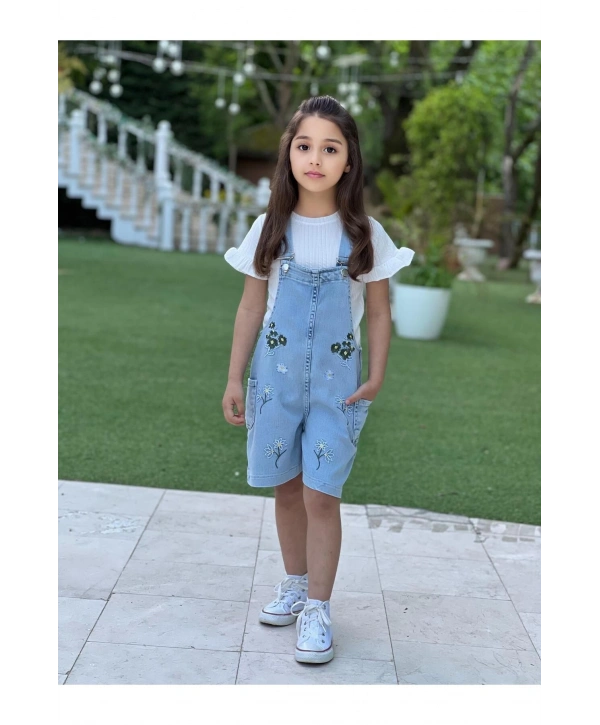 Kız Çocuk Çiçek Nakışlı Kot Salopet Ve Ekru T-Shirt Takım