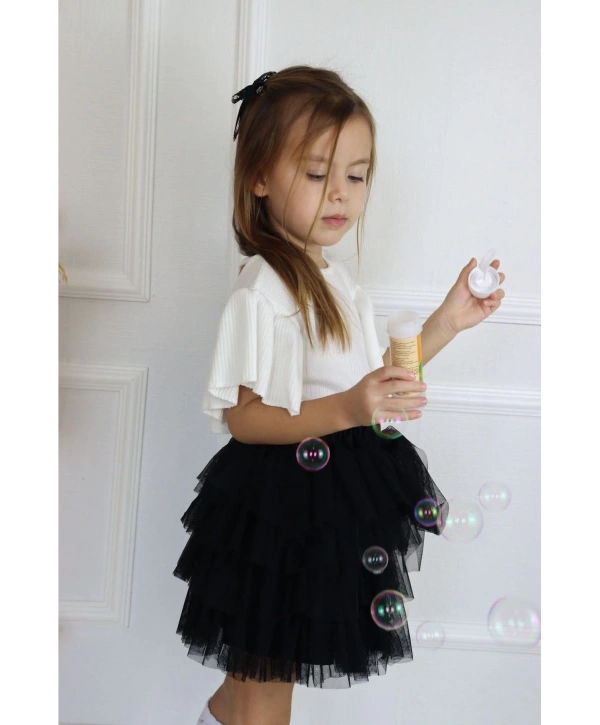 Kız Cocuk Siyah Tüllü Kat Kat Etek Ve Bluz Takım-23 Nisan-bayramlık
