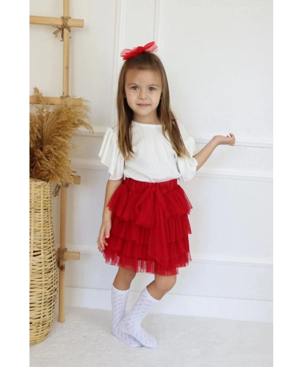 Kız Cocuk Kırmızı Tüllü Kat Kat Etek Ve Bluz Takım-23 Nisan-bayramlık