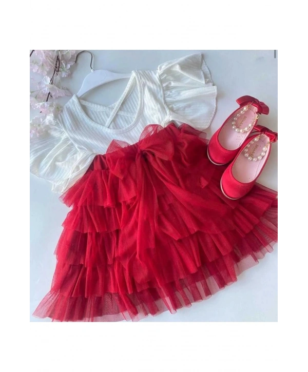 Kız Cocuk Kırmızı Tüllü Kat Kat Etek Ve Bluz Takım-23 Nisan-bayramlık
