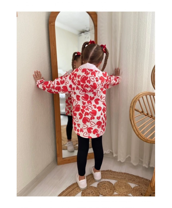 Kız Çocuk Kırmızı Beyaz Kalpli Su Ve Rüzgar Geçirmez Trençkot-yağmurluk-rüzgarlık
