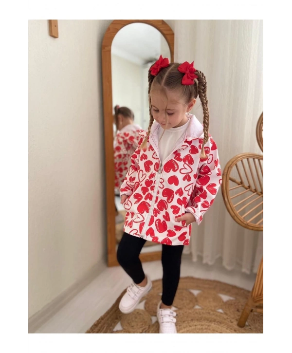 Kız Çocuk Kırmızı Beyaz Kalpli Su Ve Rüzgar Geçirmez Trençkot-yağmurluk-rüzgarlık