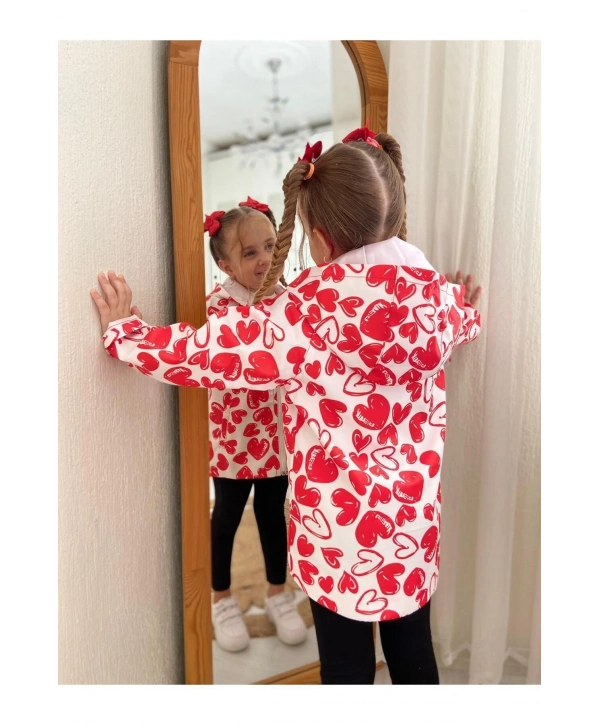 Kız Çocuk Kırmızı Beyaz Kalpli Su Ve Rüzgar Geçirmez Trençkot-yağmurluk-rüzgarlık