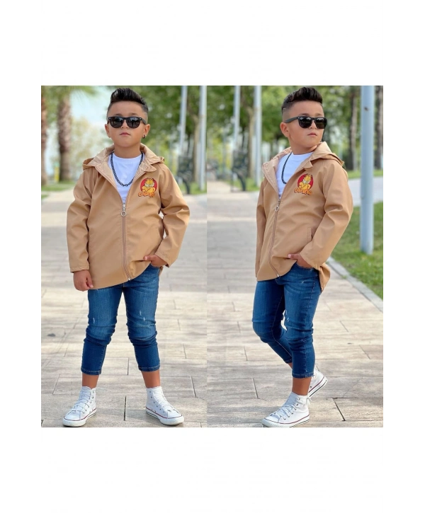 Erkek Çocuk Su Ve Rüzgar Geçirmez Bej Trençkot-yağmurluk-rüzgarlık