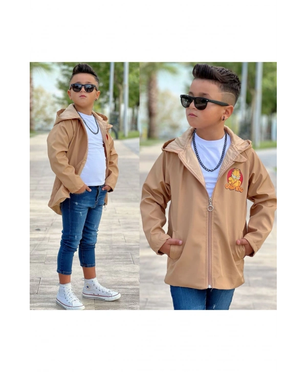 Erkek Çocuk Su Ve Rüzgar Geçirmez Bej Trençkot-yağmurluk-rüzgarlık