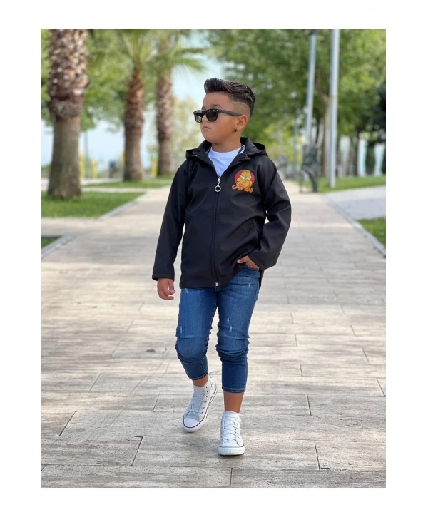 Erkek Çocuk Su Ve Rüzgar Geçirmez Siyah Trençkot-yağmurluk-rüzgarlık