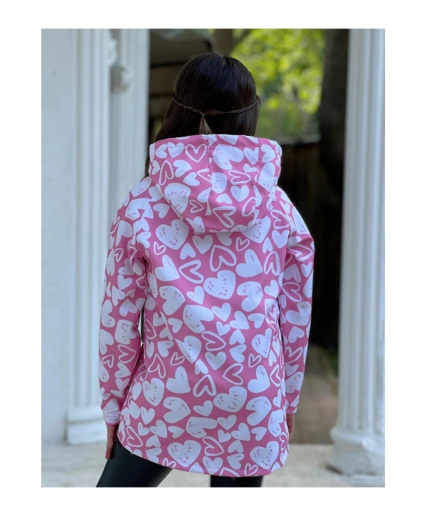 Kız Çocuk Pembe Beyaz Kalpli Su Ve Rüzgar Geçirmez Trençkot-Yağmurluk-Rüzgarlık