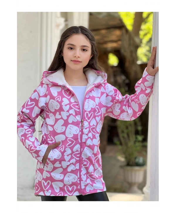 Kız Çocuk Pembe Beyaz Kalpli Su Ve Rüzgar Geçirmez Trençkot-Yağmurluk-Rüzgarlık