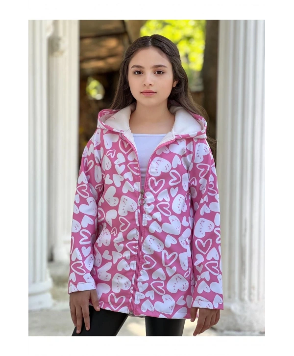Kız Çocuk Pembe Beyaz Kalpli Su Ve Rüzgar Geçirmez Trençkot-Yağmurluk-Rüzgarlık